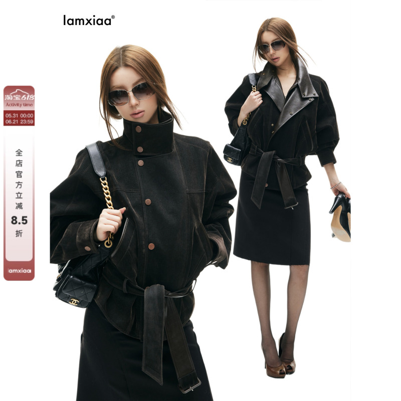 Iamxiaa* Cotton Twill Flocked Denim Patchwork Leather Two-Way Collar Lantern Sleeve Belted Vintage Loose Jacket Coat Iamxiaa* Cotton Twill Flocked Denim Patchwork Leather Two-Way Collar Lantern Sleeve Belted Vintage Loose Jacket Coat