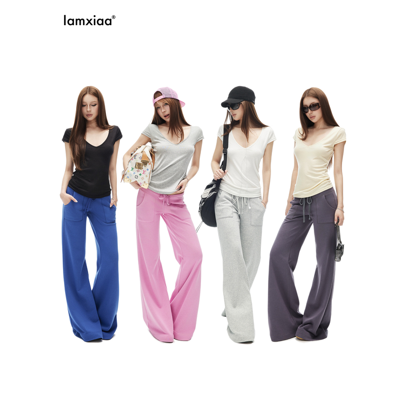 Iamxiaa* Slightly Stretchy, High Cotton Content, Low-Waisted Drawstring Straight-Leg Patch Pocket Loose Casual Flared Sweatpants Available in Four Colors