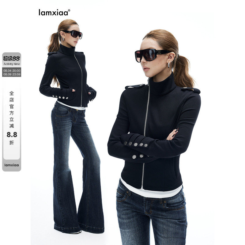 Iamxiaa* Diagonal Zipper Distressed Button Design Stand Collar Shoulder Patch Slim Fit Short Cotton-Feel Knit Sweatshirt Jacket Iamxiaa* Diagonal Zipper Distressed Button Design Stand Collar Shoulder Patch Slim Fit Short Cotton-Feel Knit Sweatshirt Jacket