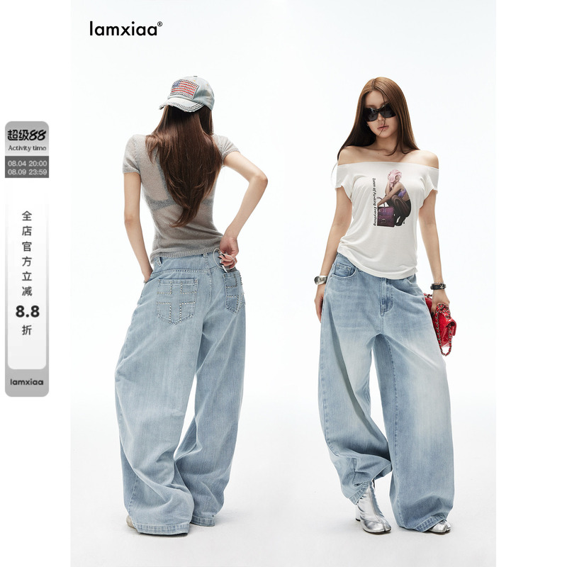 Iamxiaa* Cotton Slub Vertical Stripe Light Blue Vintage Washed Handmade Rivet-Decorated Low-Rise Loose Jeans