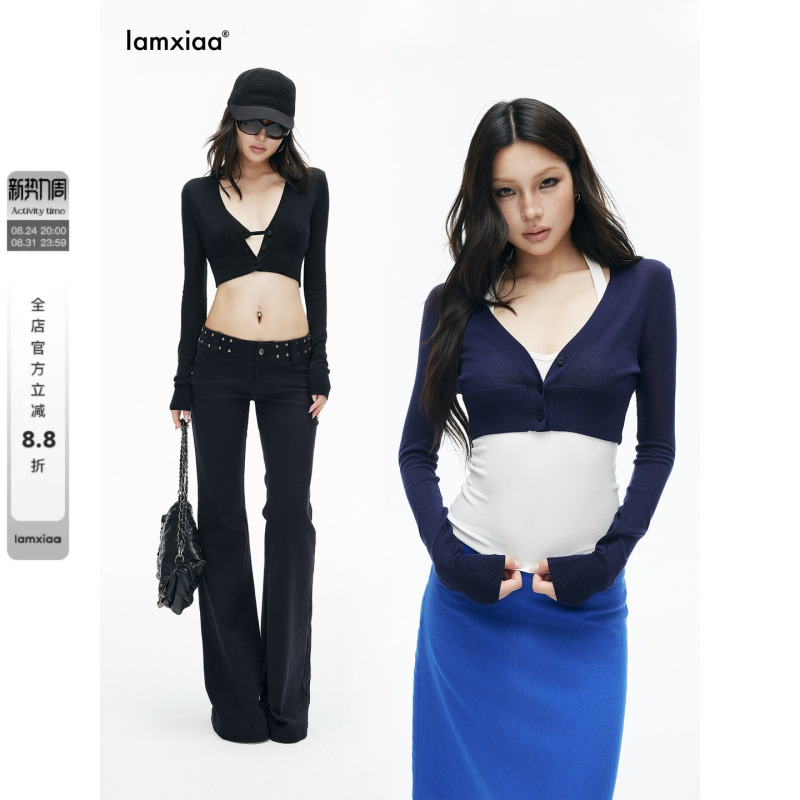 Iamxiaa* Lyocell High-Stretch Knit V-Neck Cow Bone Button Open-Front Ultra-Short Waist-Revealing Slim-Fit Cardigan Available in Two Colors