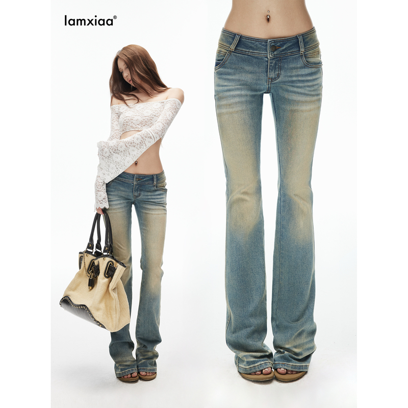 Iamxiaa* Cotton Slightly Stretchy Denim Vintage Unique Earthy Yellow Washed Low-Rise Embroidered Flared Pants Iamxiaa* Cotton Slightly Stretchy Denim Vintage Unique Earthy Yellow Washed Low-Rise Embroidered Flared Pants