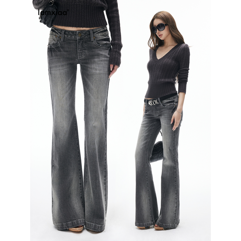 Iamxiaa*【Limited Time 5% off + New Year's Day Discount 1/05 20:00】Gray Low-Waisted Washed Flared Pants Iamxiaa*【Limited Time 5% off + New Year's Day Discount 1/05 20:00】Gray Low-Waisted Washed Flared Pants