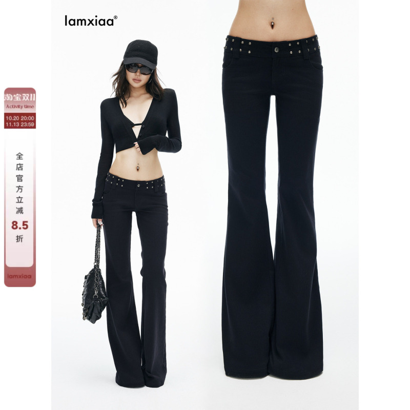 Iamxiaa* High-Cotton Lyocell Navy Blue Denim Ultra-Low-Rise Vintage Silver Studded Punk Style Flared Pants Iamxiaa* High-Cotton Lyocell Navy Blue Denim Ultra-Low-Rise Vintage Silver Studded Punk Style Flared Pants