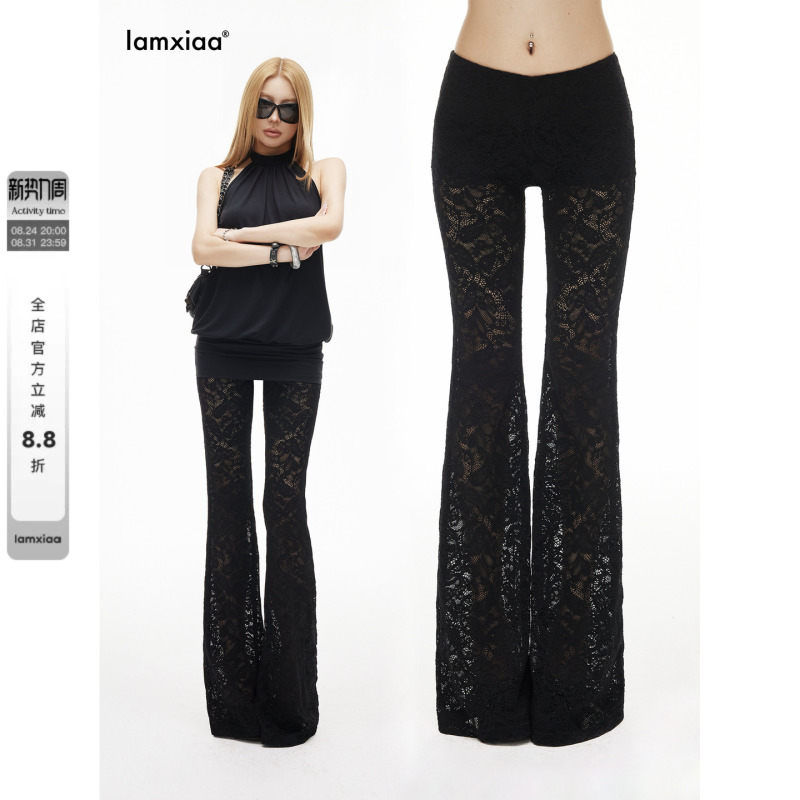 Iamxiaa* Embossed Floral Hollow Lace with Safety Shorts V-Waist Lazy Low-Rise Slim Fit Flared Pants
