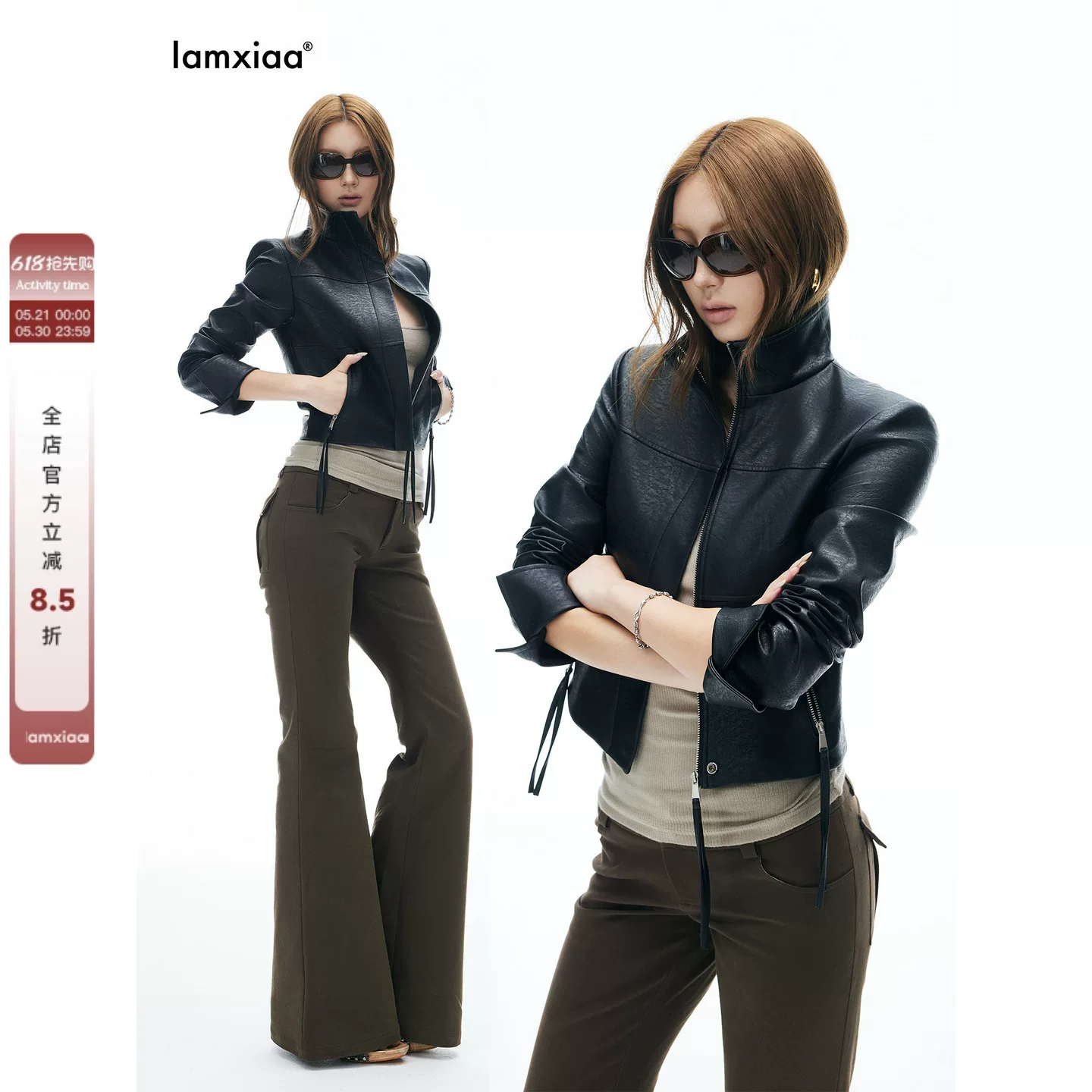 iamxiaa Black matte polyurethane marble short fitted jacket