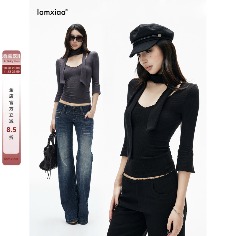 Iamxiaa* Cotton Ribbed Knit Integrated Flutter Collar V-Neck Mid-Sleeve Slim-Fit Knit Top Available in Two Colors Iamxiaa* Cotton Ribbed Knit Integrated Flutter Collar V-Neck Mid-Sleeve Slim-Fit Knit Top Available in Two Colors