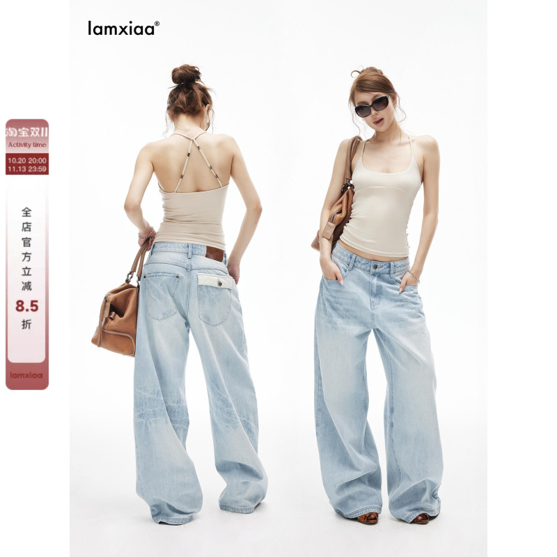 Iamxiaa* Cotton Non-Stretch Denim Ice Blue Washed Low-Rise Deconstructed Hip Pocket Design Loose Floor-Length Dad Pants Iamxiaa* Cotton Non-Stretch Denim Ice Blue Washed Low-Rise Deconstructed Hip Pocket Design Loose Floor-Length Dad Pants