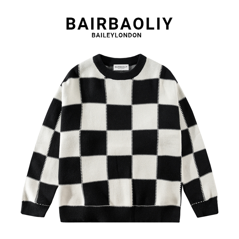 Bairbaoliy Retro Checkerboard Plaid Sweater, Lazy Style Loose Trendy Brand Round Neck Knitwear Couple Style Top