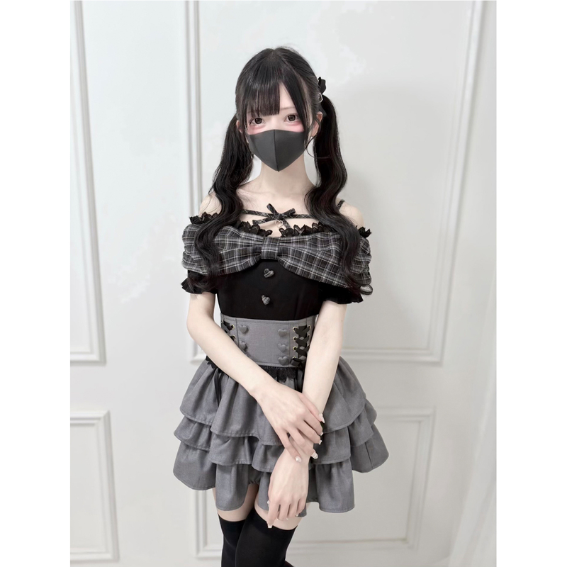 [Short Sleeve Add-On] Nekura You'Re Crying Bowknot Off-Shoulder Lace Camisole Knitted Top Mass-Produced Type