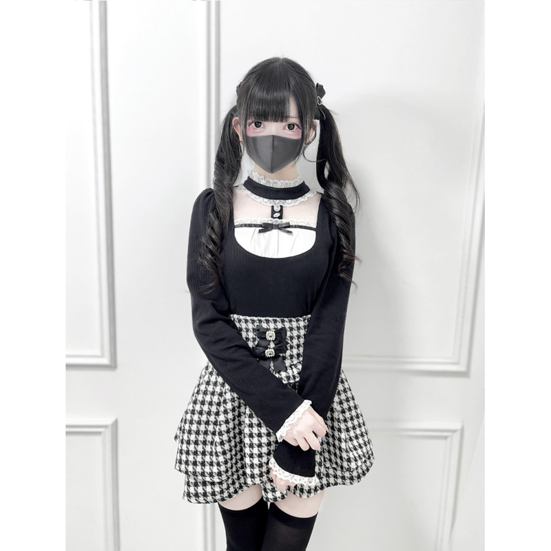 Nekura, You'Re Crying! Lace Stand-Up Collar with Bow Decoration Knitted Top, Mass-Produced Model