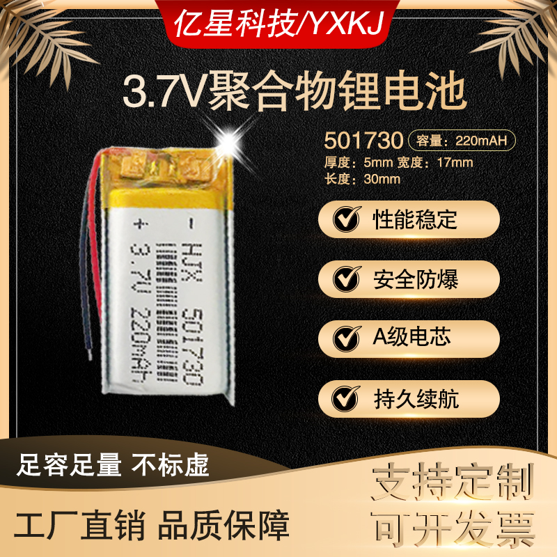 3 7V Li-polymer battery 501730 Camera pen Bluetooth battery 220mah Li-polymer battery