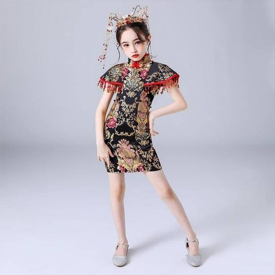 霸气国潮复古儿童走秀演出服中国风连衣裙拖尾礼服女童旗袍裙唐装