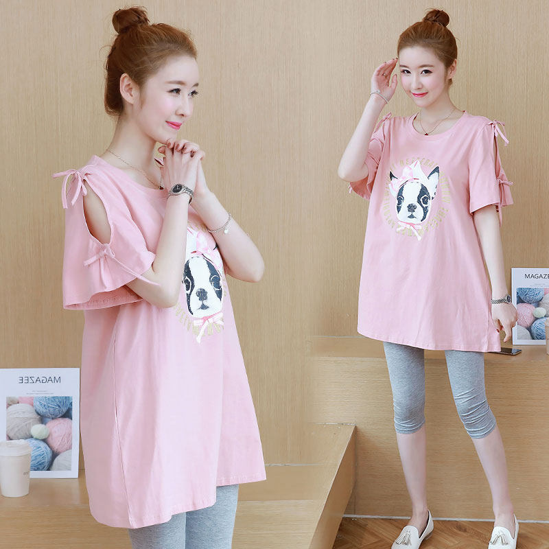 Pregnant Woman Summer Clothing Nets Red Suit Fashion style 2022 new Summer short sleeves T-shirt pure cotton Summer blouses Long version