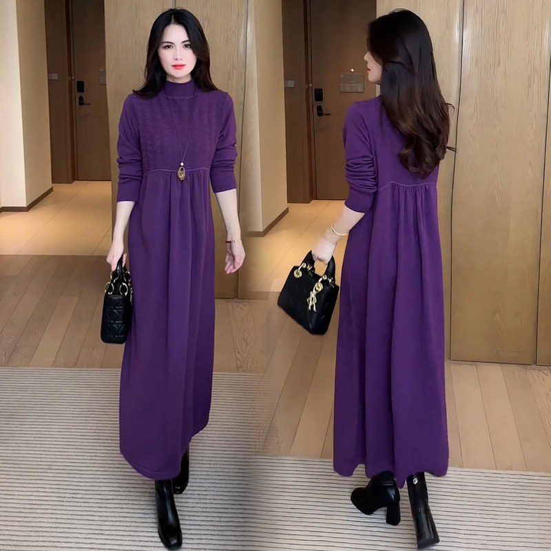 Knitted Dress with Coat for Women, Autumn and Winter, Large Size, Loose, Long, Over-The-Knee Sweater, Waist-Cinching, Slimming, Inner Layering Skirt