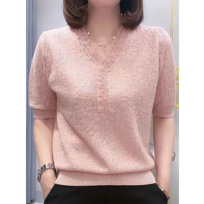 Chanel-Style Silk Base Layer Top, Summer Lace Short-Sleeve Ice Silk T-Shirt for Women, V-Neck Beaded Thin Knit Top