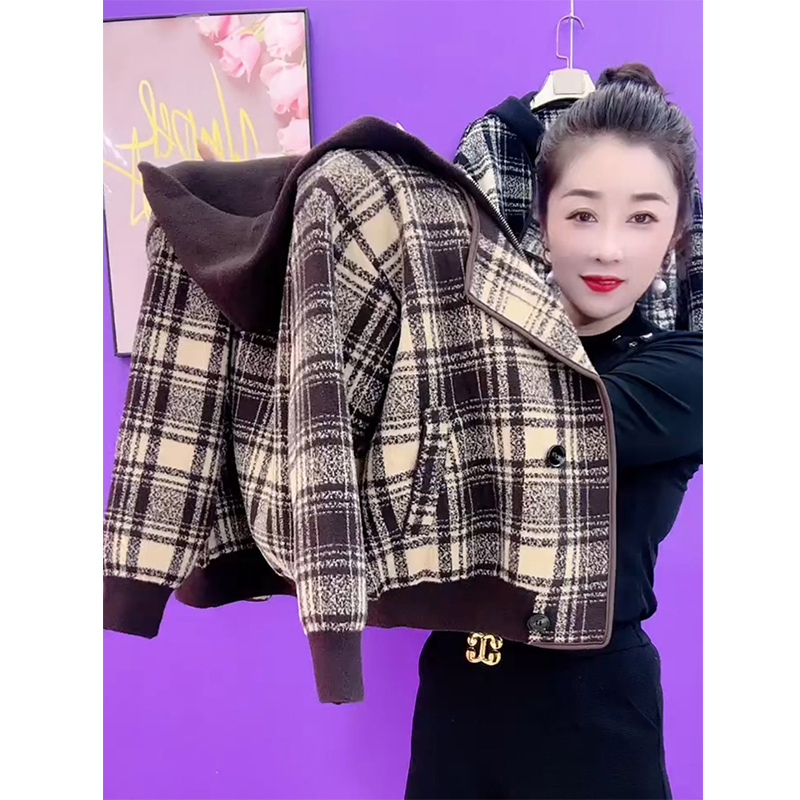 Double-Sided Woolen Coat for Women, Autumn and Winter, Thick Plaid Top for Mothers, Hooded Coat, Loose Outerwear, Knitted Cardigan