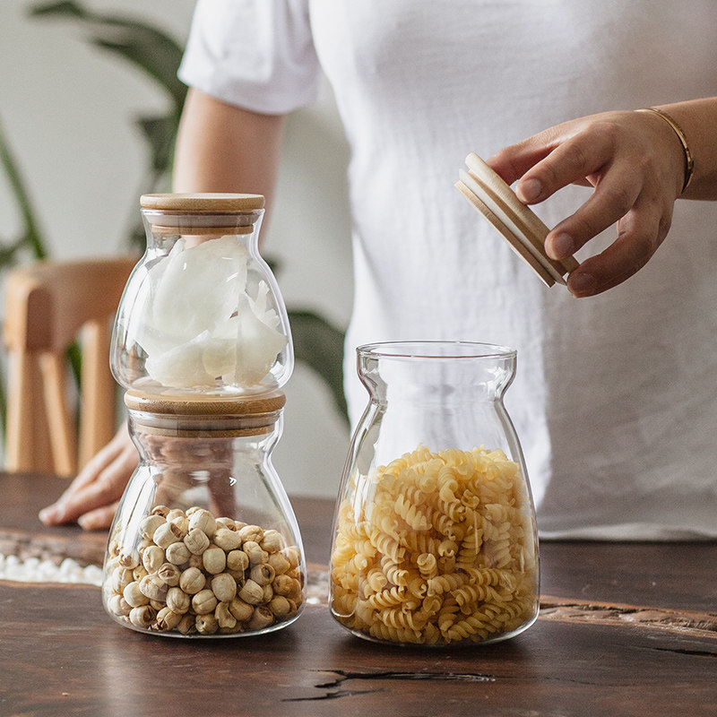 Japanese-style glass sealed jar transparent food moisture-proof storage bottle household kitchen bamboo wood cover storage jar tea jar