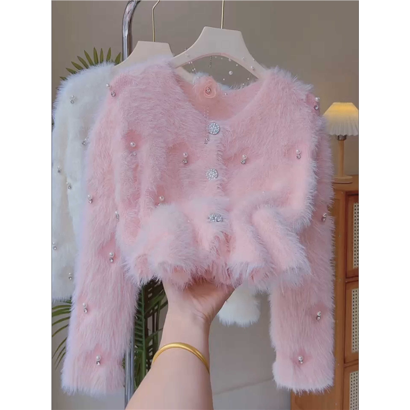 Mink Velvet Heavy Beaded Knit Cardigan for Women, New Autumn and Winter Pink Short Style for Petite Figures, Soft and Cozy Sweater Jacket