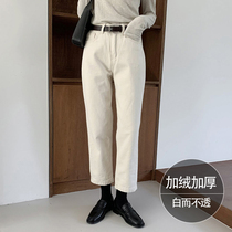 Beige straight jeans womens loose spring 2021 New High waist slim plus velvet radish daddy pants