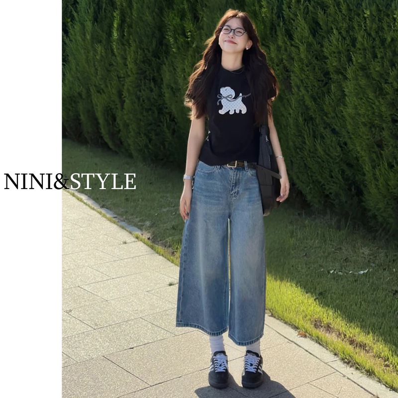 Light Blue Cropped Wide-Leg Jeans for Women, 2026 Summer New Style, Straight High-Waisted Loose Thin Mid-Length Pants