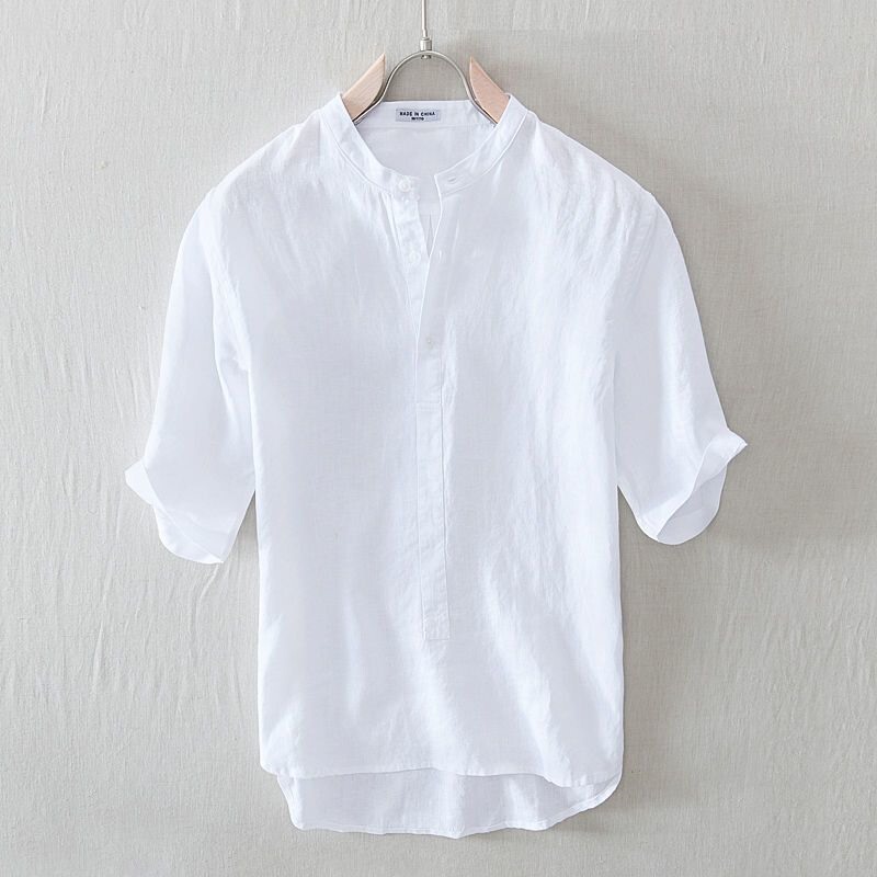 Summer Thin Chinese Style Stand Collar Short-Sleeved Linen Shirt Men's Loose Polo Half-Sleeved Cotton and Linen White T-Shirt Top Summer Thin Chinese Style Stand Collar Short-Sleeved Linen Shirt Men's Loose Polo Half-Sleeved Cotton and Linen White T-Shirt Top