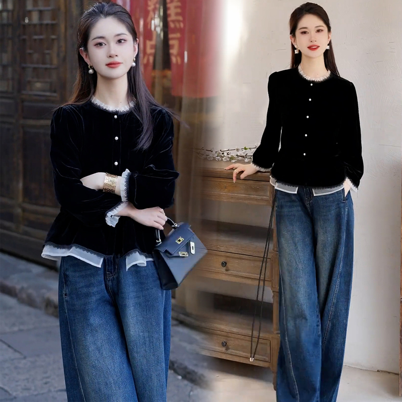 Fashionable New Chinese-Style Ruffled Shirt for Women, 2025 Autumn New Slimming and Age-Reducing Lace Long-Sleeve Shirt Trend