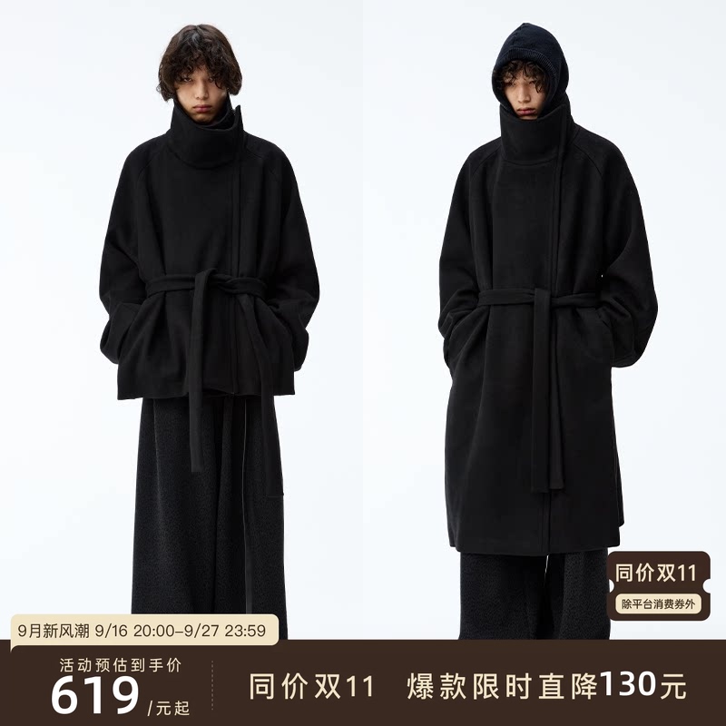 Jcaesar Coat Diagonal Zipper Lace-Up Wool Coat, High Weight 60% Wool, Slightly Loose Fit, Available in Both Long and Short Versions