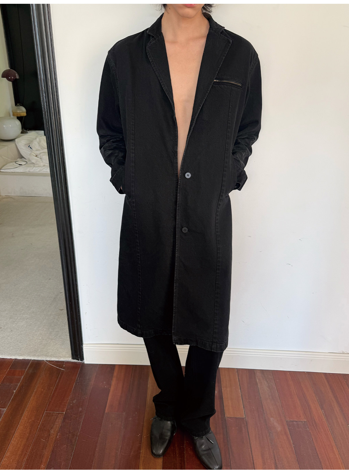 JCAESAR Honeycomb-Washed Black Denim Coat