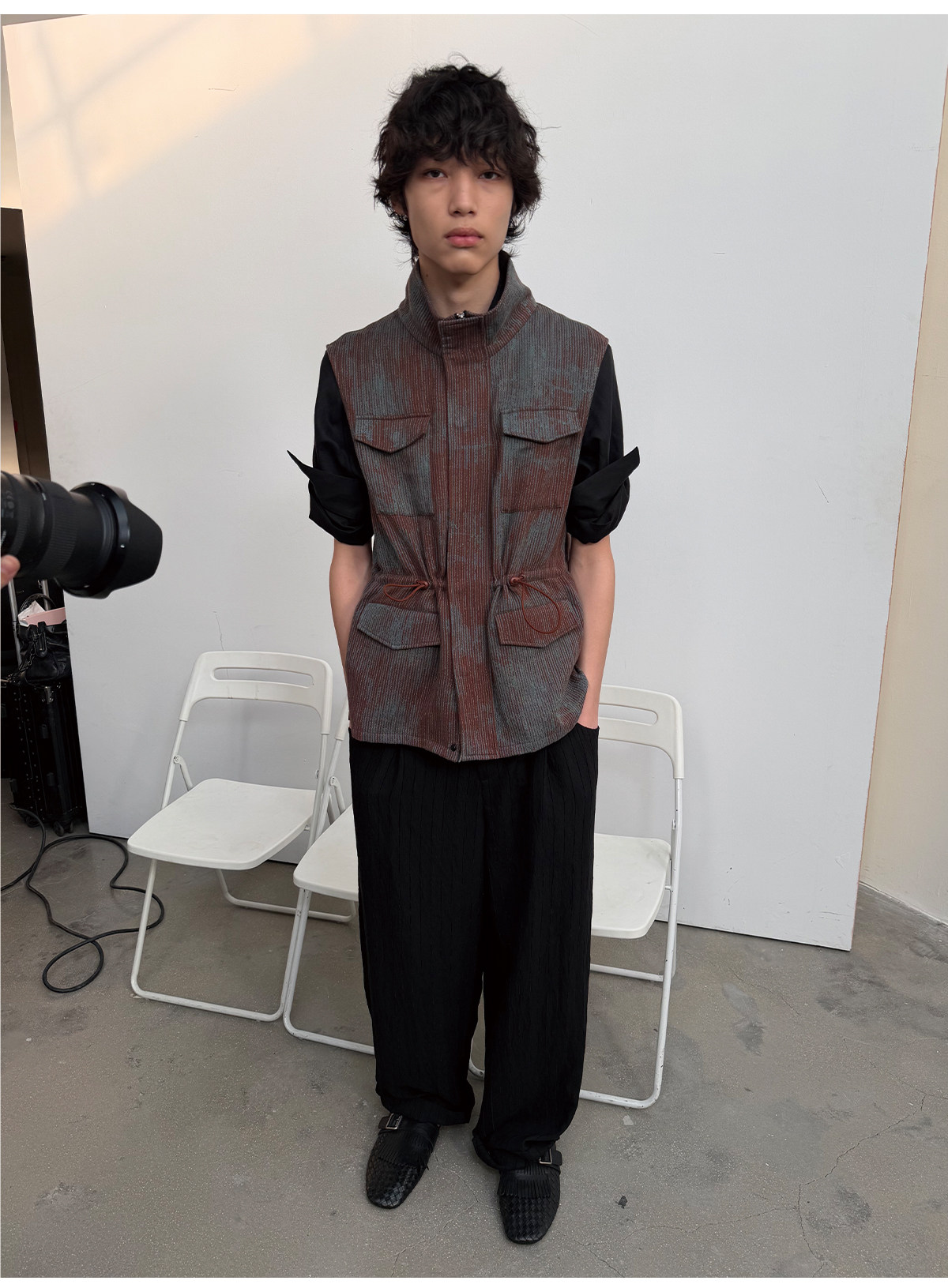 JCAESAR Blue-Brown Striped Four-Pocket Drawstring Vest