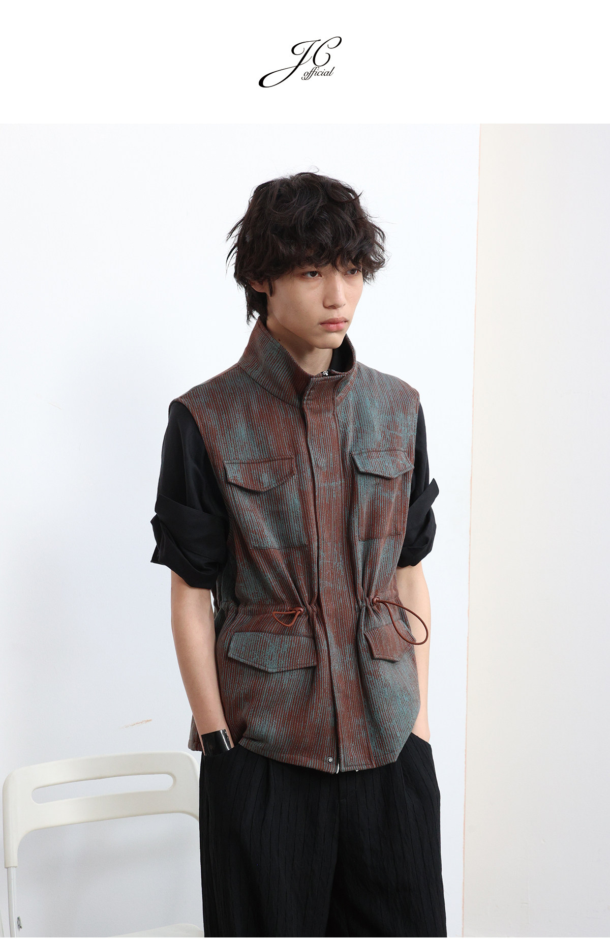 JCAESAR Blue-Brown Striped Four-Pocket Drawstring Vest