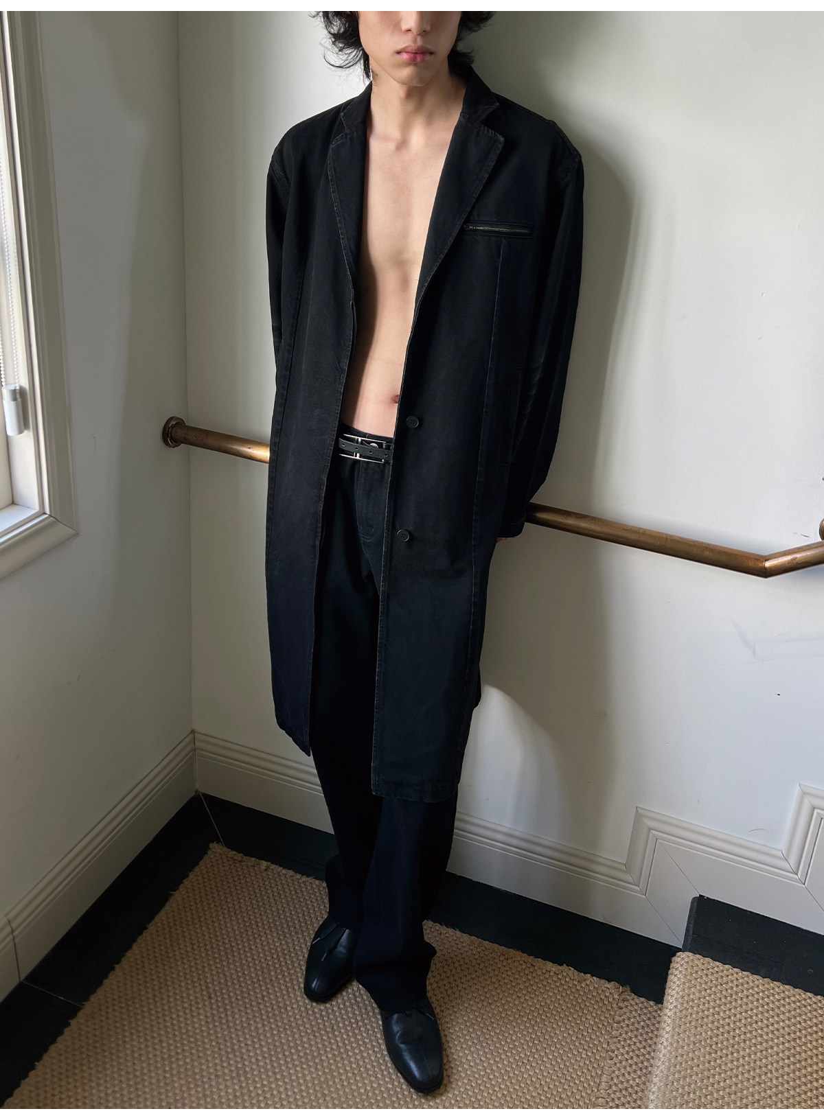 JCAESAR Honeycomb-Washed Black Denim Coat