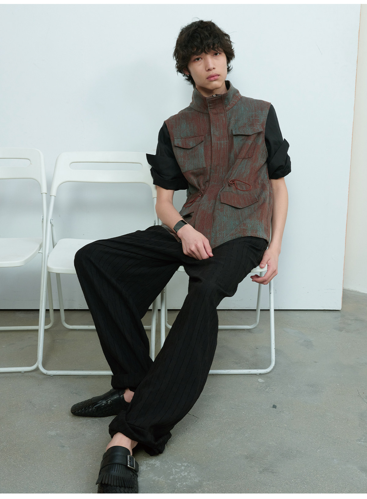 JCAESAR Blue-Brown Striped Four-Pocket Drawstring Vest