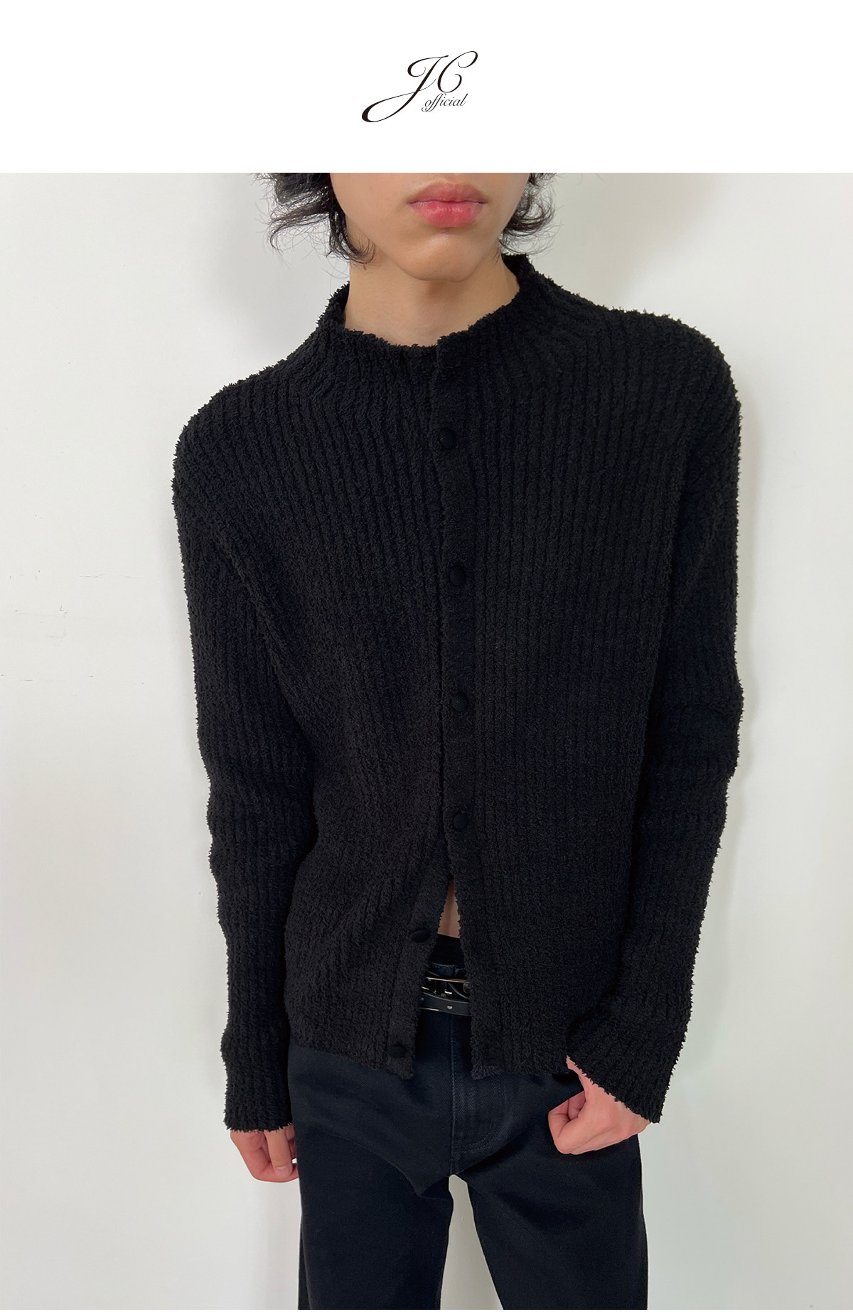 JCAESAR Ribbed Slim-Fit Black Cardigan