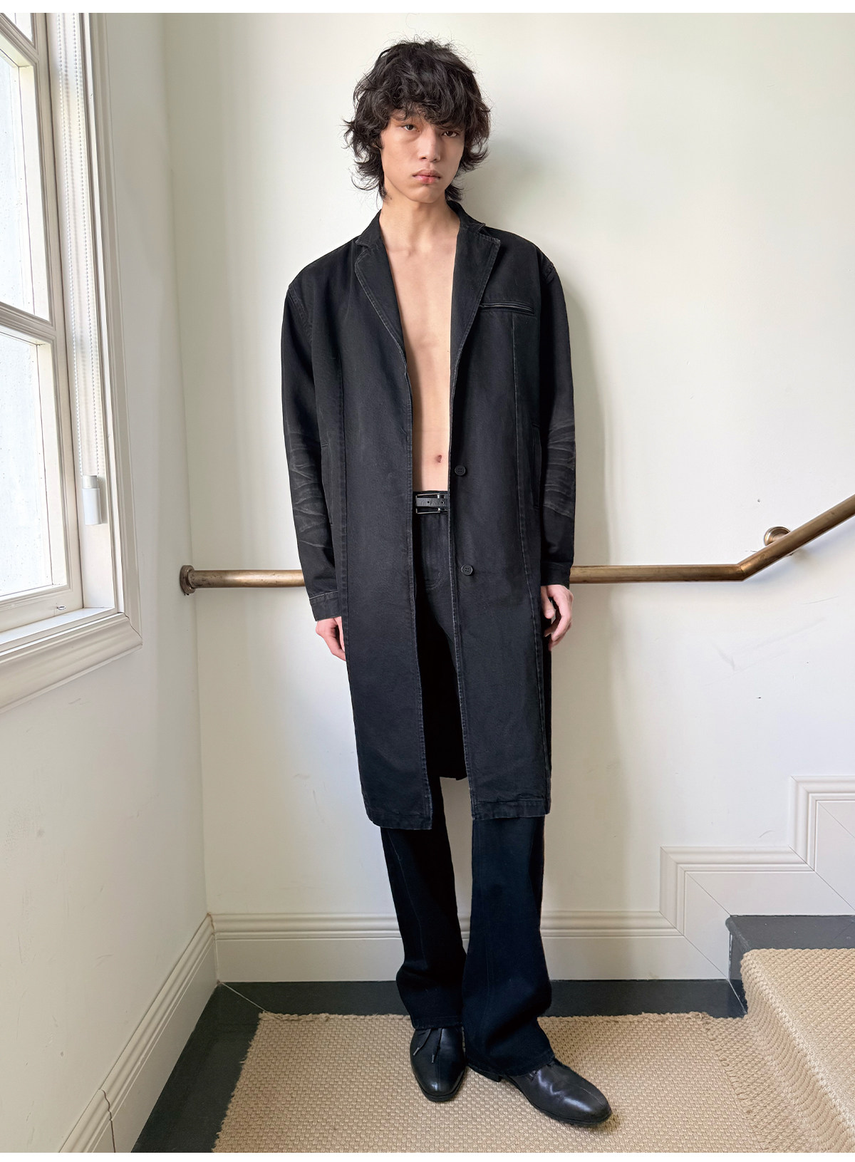 JCAESAR Honeycomb-Washed Black Denim Coat