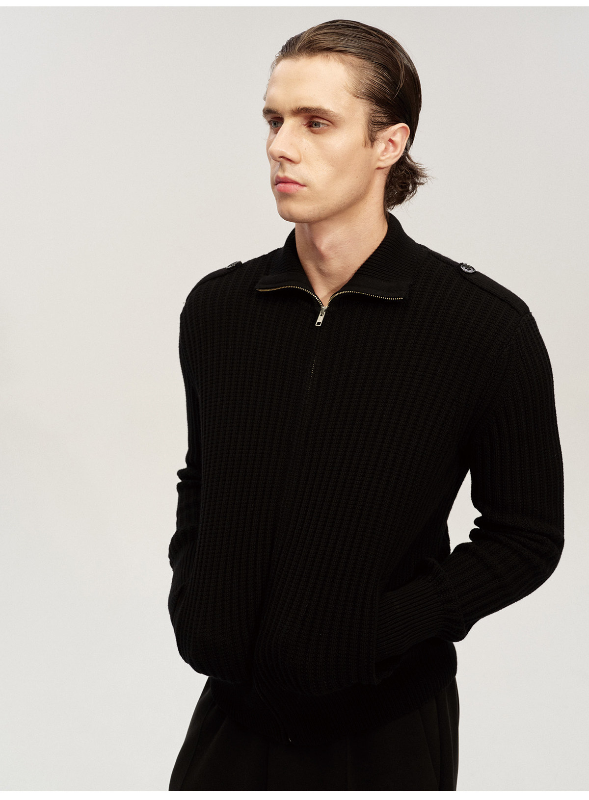 JCAESAR Shoulder-Strap Turtleneck Ribbed-Knit Cardigan