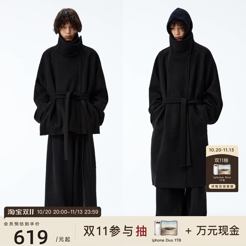 Jcaesar Coat Diagonal Zipper Lace-Up Wool Coat, High Weight 60% Wool, Slightly Loose Fit, Available in Both Long and Short Versions