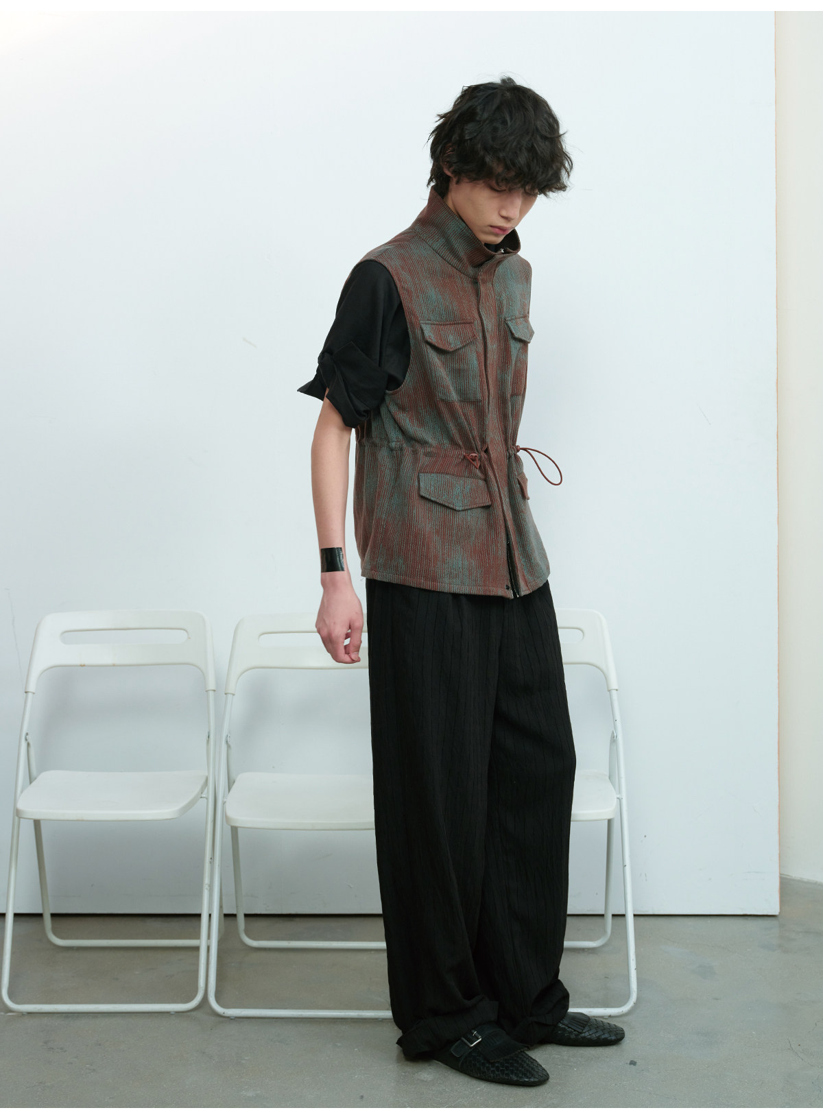 JCAESAR Blue-Brown Striped Four-Pocket Drawstring Vest