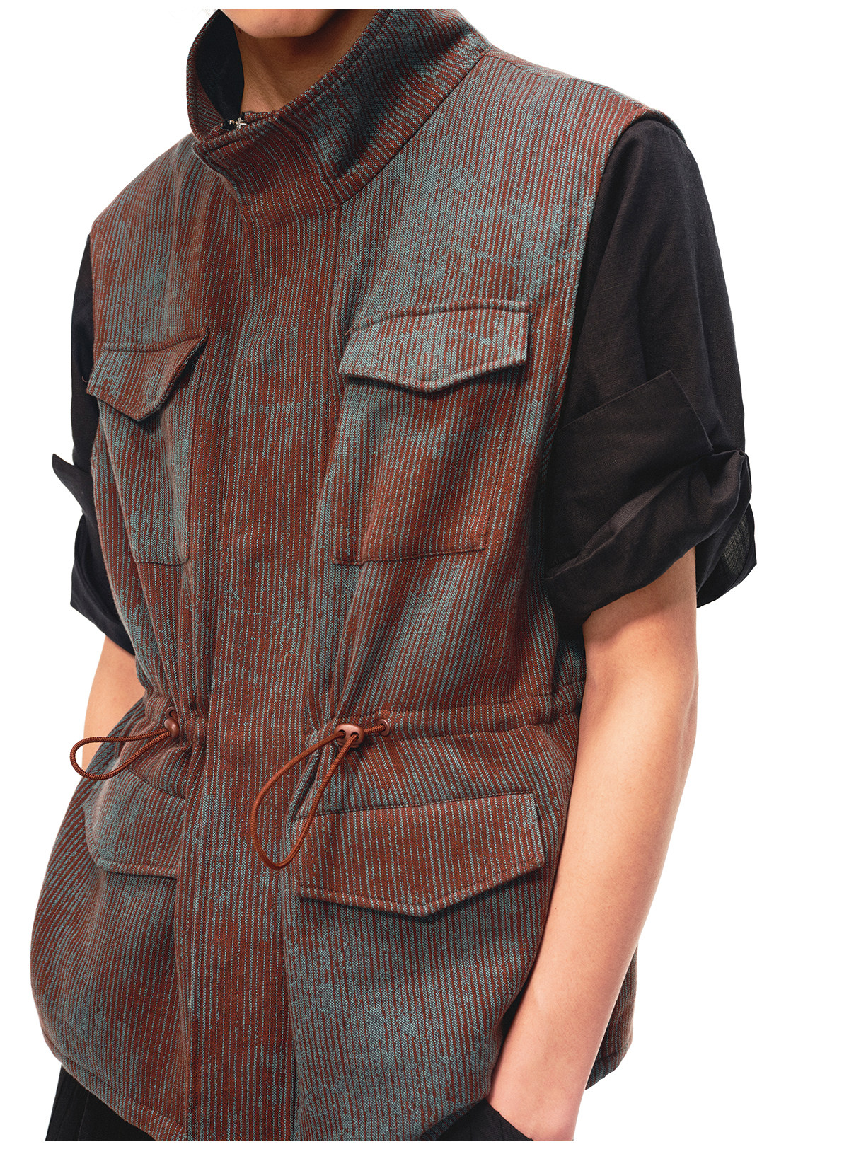 JCAESAR Blue-Brown Striped Four-Pocket Drawstring Vest