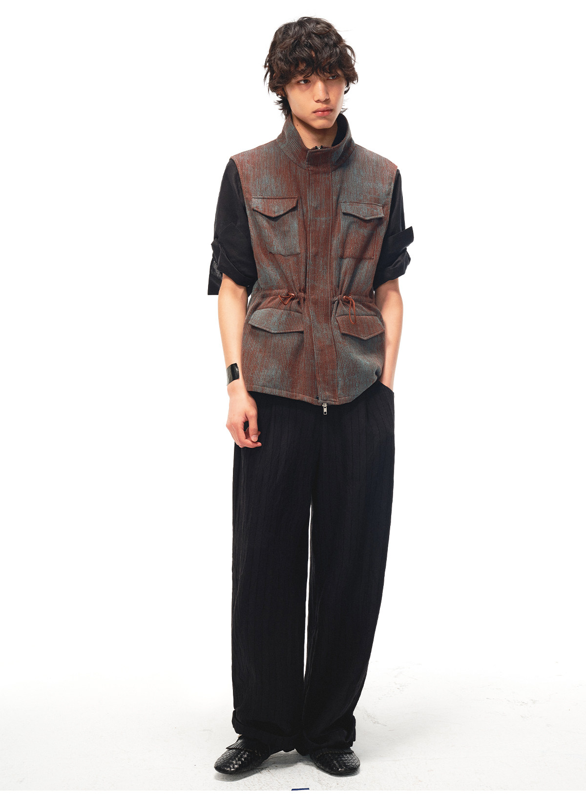 JCAESAR Blue-Brown Striped Four-Pocket Drawstring Vest