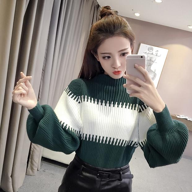 Mùa thu 2018 phiên bản Hàn Quốc mới của áo len khâu áo mới của phụ nữ đầu đèn lồng tay áo len lỏng lẻo chạm đáy áo thủy triều áo nữ trung niên
