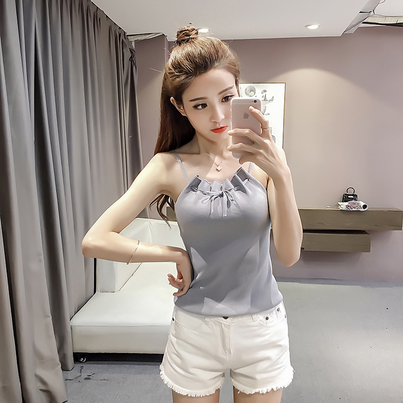 Xuân 2018 mới Hàn Quốc quây gợi cảm Slim đáy áo thun dệt kim hàng đầu dây đeo vest nữ hoang dã áo nữ