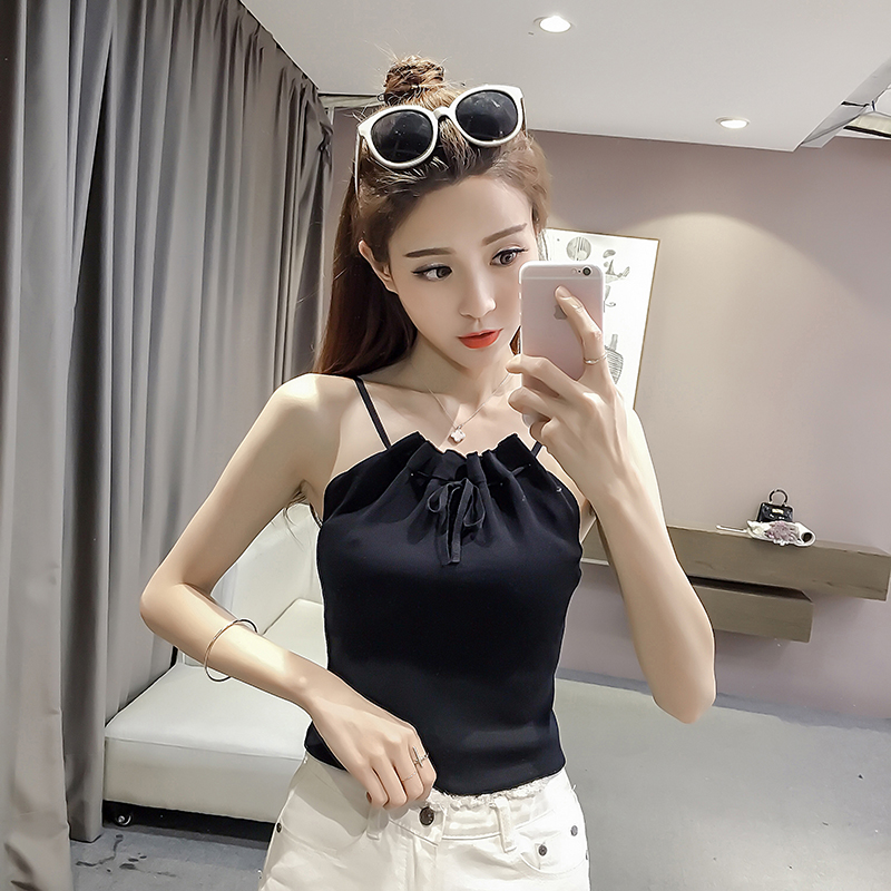 Xuân 2018 mới Hàn Quốc quây gợi cảm Slim đáy áo thun dệt kim hàng đầu dây đeo vest nữ hoang dã áo nữ