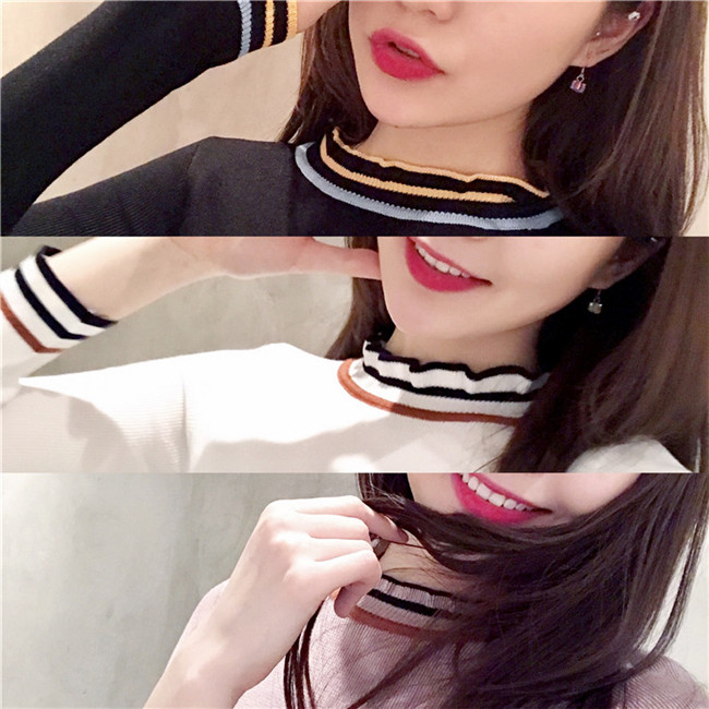 Retro Hàn Quốc chic màu tương phản sọc cổ áo ren đáy áo sơ mi mỏng phần dài tay áo thun áo len áo khoác len mỏng