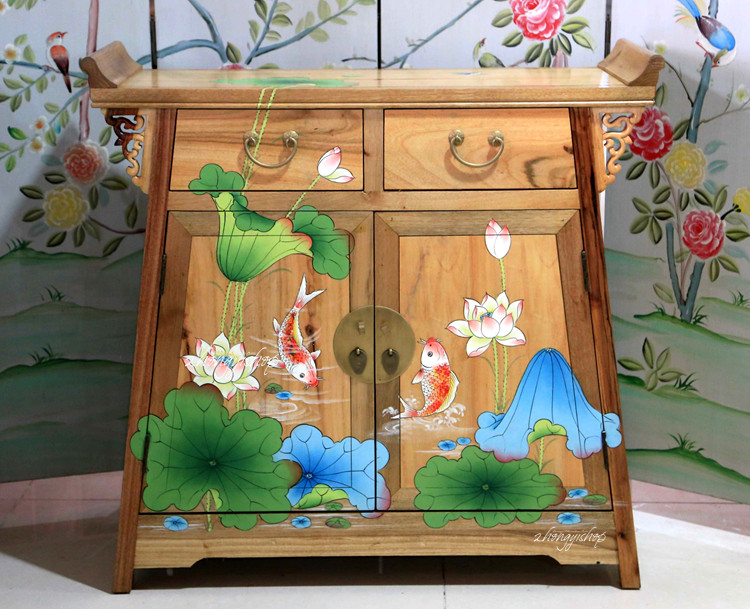 New Chinese hand-painted furniture warp masalty locker shoe cabinet two-door cabinet Lotus carp