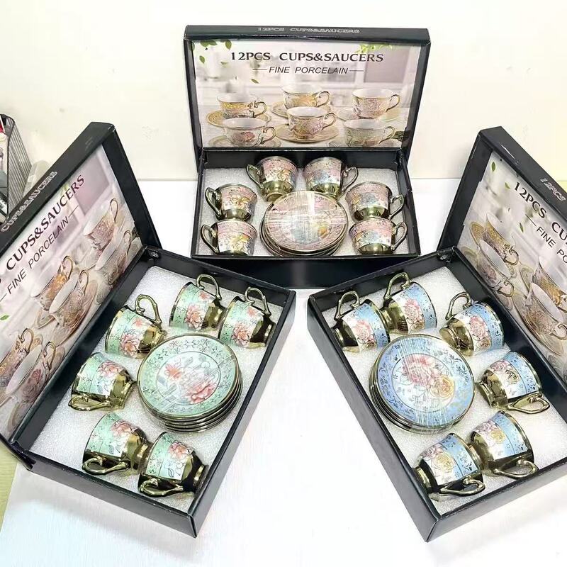 New European-Style Ceramic Coffee Cup Set, Cross-Border Middle Eastern Electroplated 6-Cup 6-Saucer Gift Box Set, Gift and Souvenir