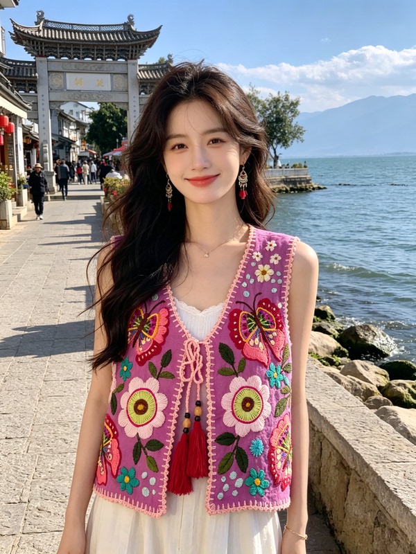 The Things of Zhou Mountain: Thai Chiang Mai French Romantic Style Chiang Mai Cotton Handmade Embroidery Vacation Style Bohemian Vest
