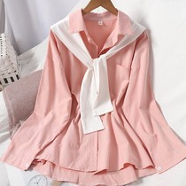 Autumn and winter new age-reducing wild Korean version solid color basic top lapel pocket sweet student strap shawl shirt