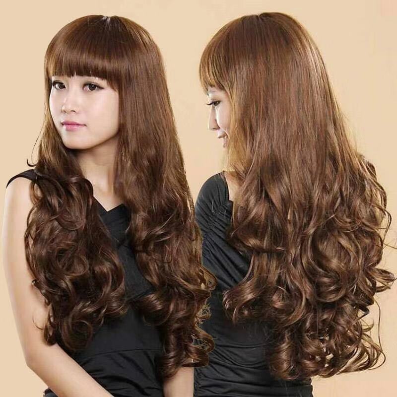 Wig for Women with Long Curly Hair, Full Head, Realistic Big Waves, Round Face, Internet Celebrity Style, Side Bangs, Fluffy Full Wig Set