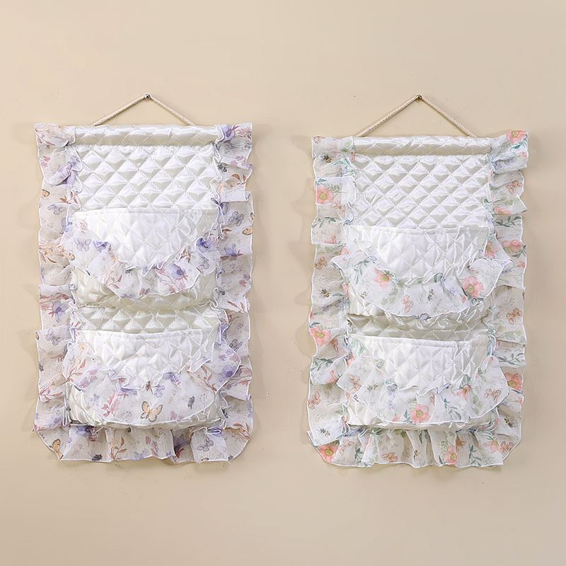 Delicate Girly Style Flower Embroidered Hanging Bag Storage Bag with Ruffled Edge Decorative Wall Hanging Storage Bag Delicate Girly Style Flower Embroidered Hanging Bag Storage Bag with Ruffled Edge Decorative Wall Hanging Storage Bag